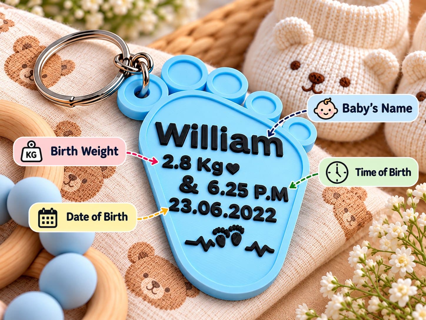 Personalized Baby Footprint Birth Keepsake Keychain — cover photo